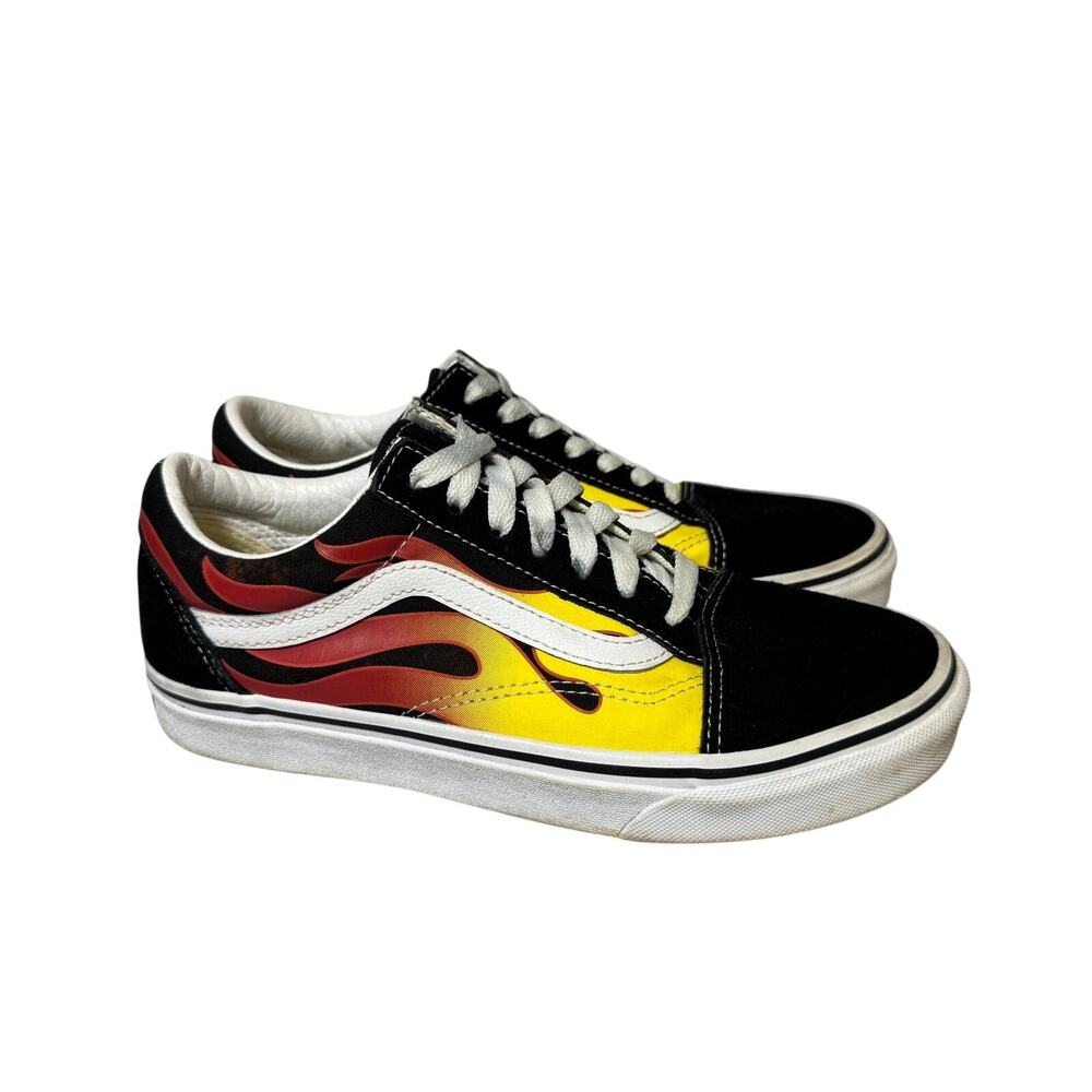 Vans Old Skool Flame Sneakers Black Yellow Red Canvas Skate Shoes Women 7 M 5.5